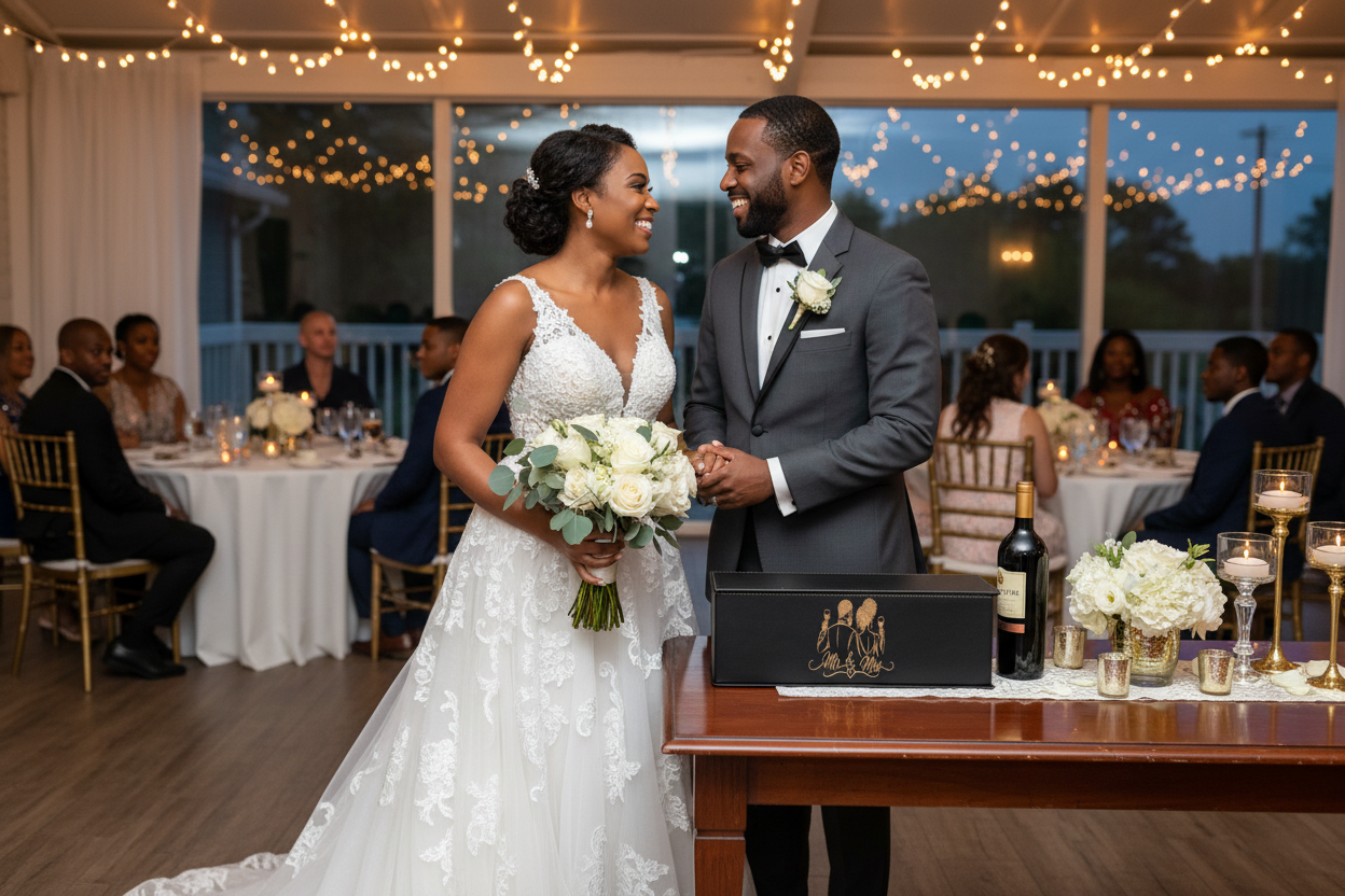 African American Newlyweds with Mr & Mrs Wine Box