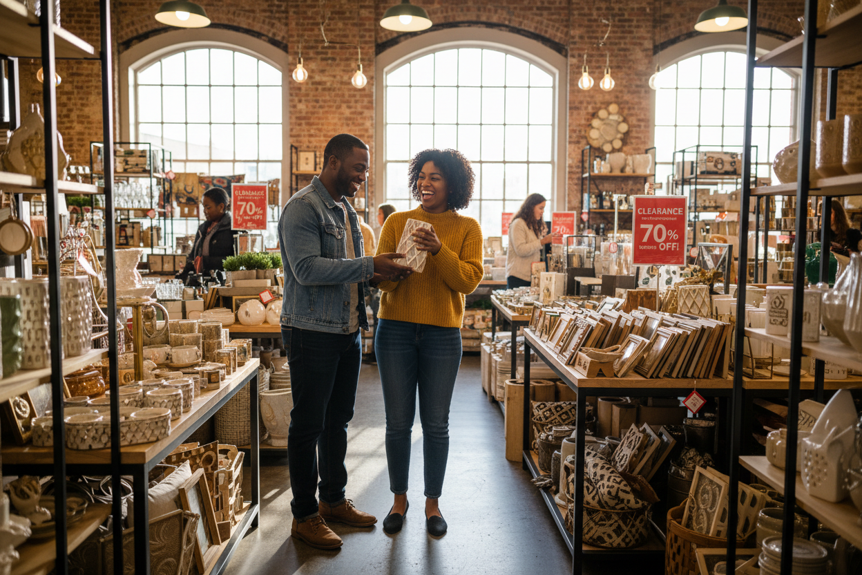 Two Black people shopping sale items at a home decor store